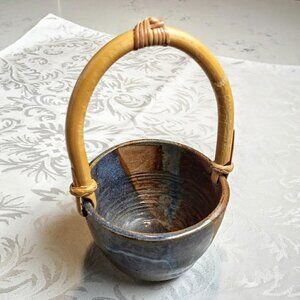 Bamboo Handle Blue & Tan Glazed Pottery Bowl